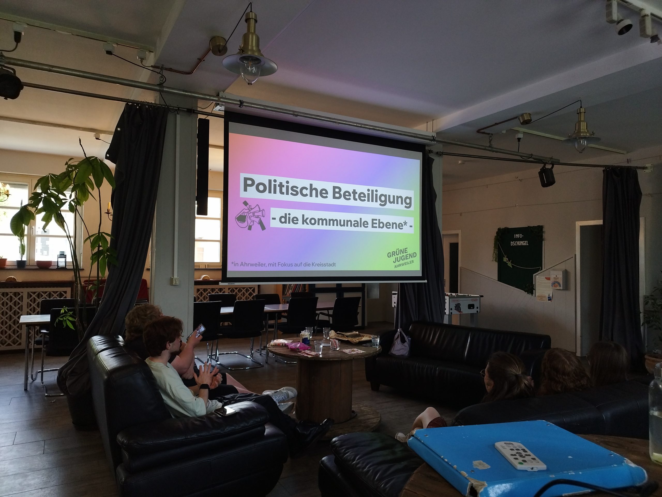 Zu sehen sind eine Gruppe junger Menschen von hinten auf einer Couch, welche auf eine Projektor-Leinwand schauen. Auf dieser ist die erste Folie einer Präsentation zu sehen. Auf dieser Anfangsfolie ist folgendes zu lesen: "Politische Beteiligung auf kommunaler Ebene".